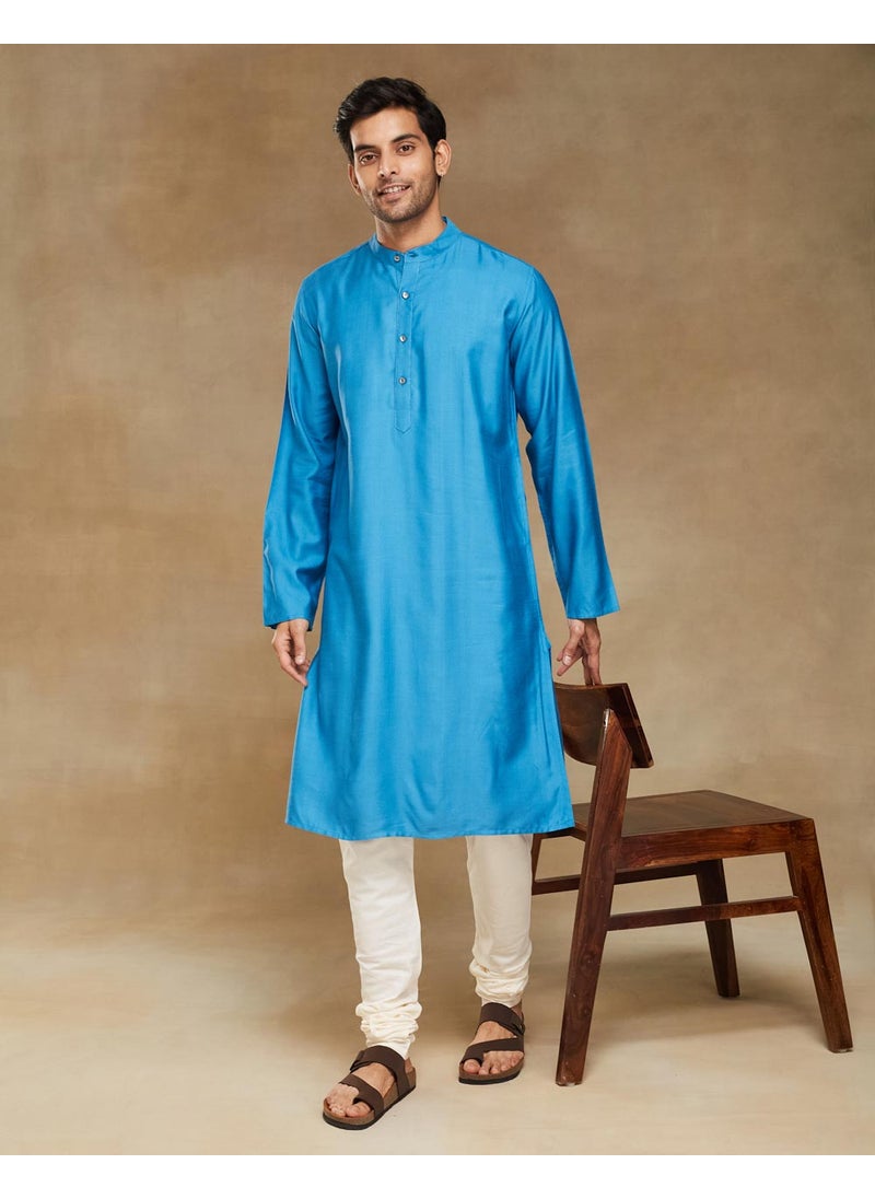Blue Viscose Silk Slim Fit Long Kurta