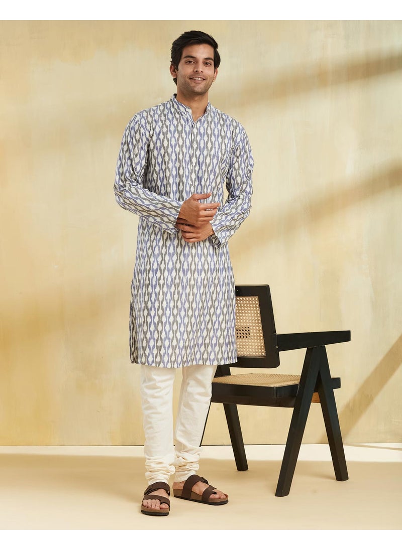 Blue Cotton Ikat Slim Fit Long Kurta