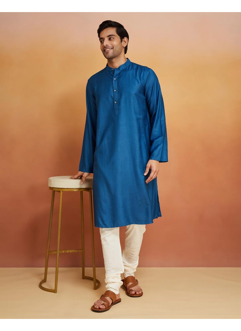 Blue Viscose Silk Comfort Fit Long Kurta
