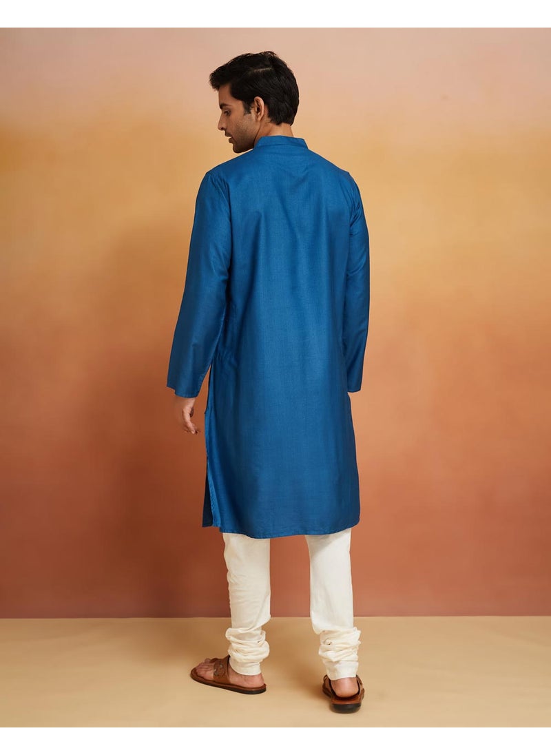 Blue Viscose Silk Comfort Fit Long Kurta