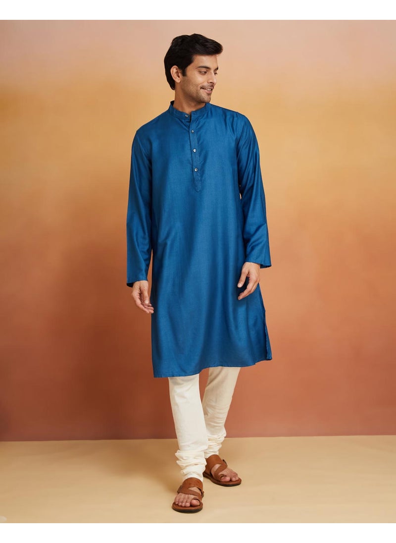 Blue Viscose Silk Comfort Fit Long Kurta