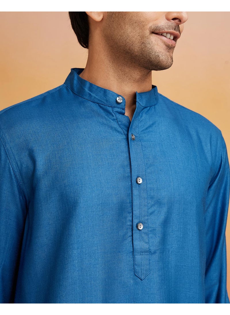 Blue Viscose Silk Comfort Fit Long Kurta