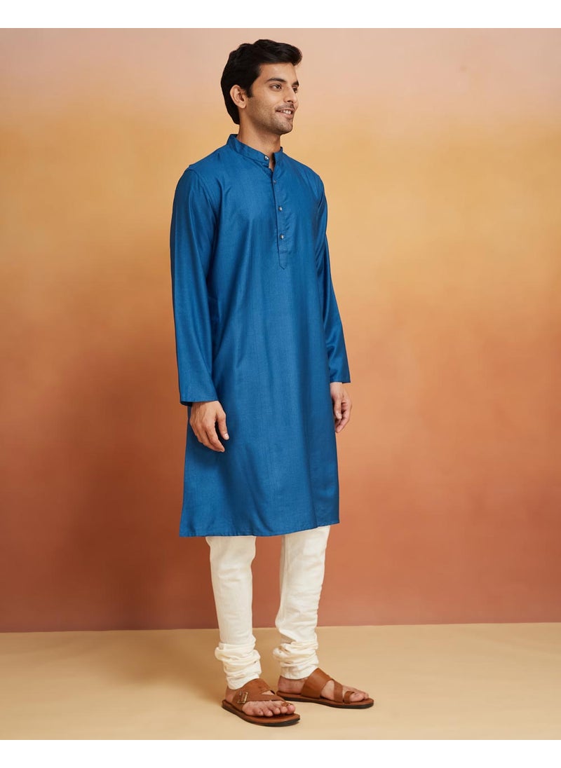 Blue Viscose Silk Comfort Fit Long Kurta