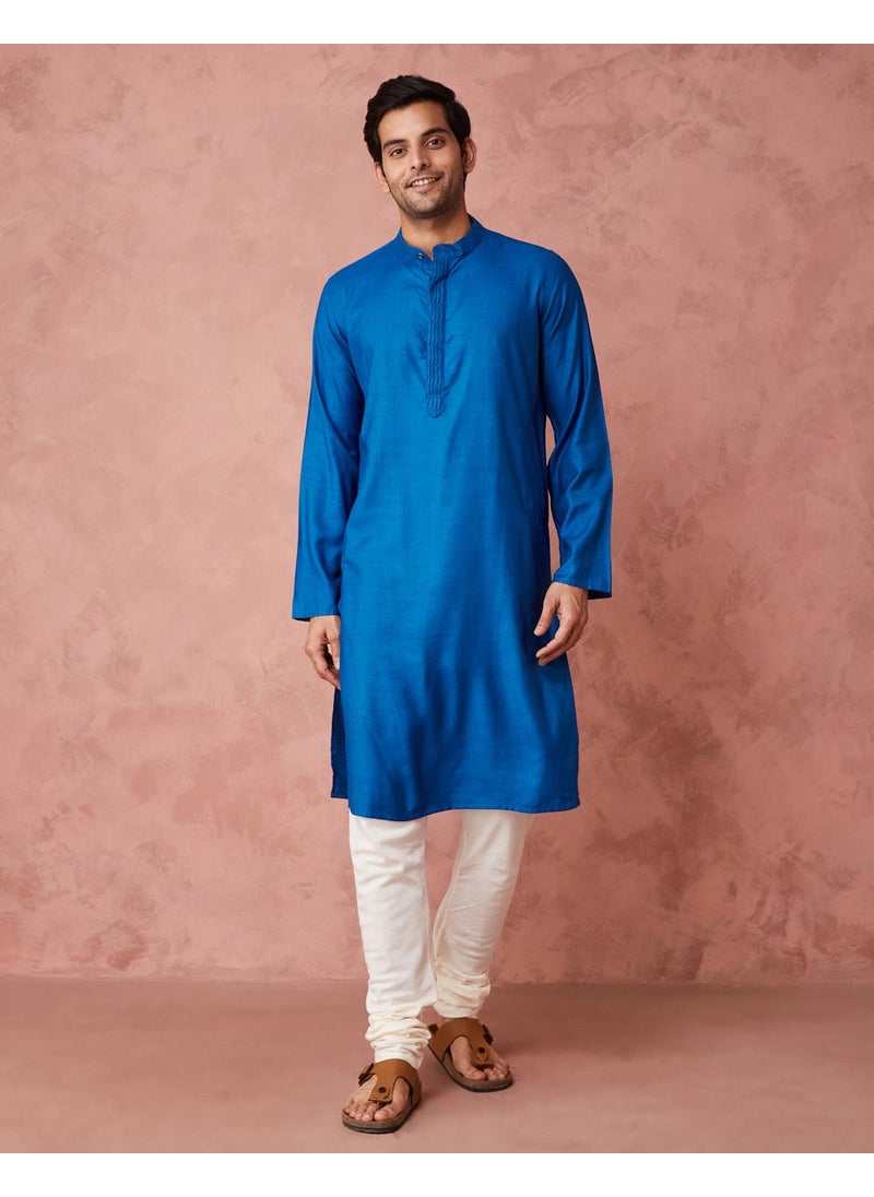 Blue Viscose Silk Slim Fit Long Kurta
