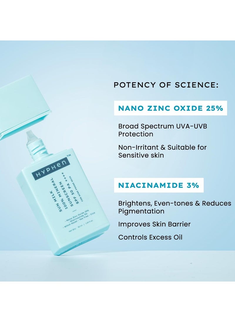 Sun Milk 100% Mineral Sunscreen Spf 50 Pa++++ Uv+ Bluelight Protection, 25% Nano Zinc Oxide | Sensitive, Acne Prone & Oily Skin, Water Resistant Sun Protect - 50 Ml
