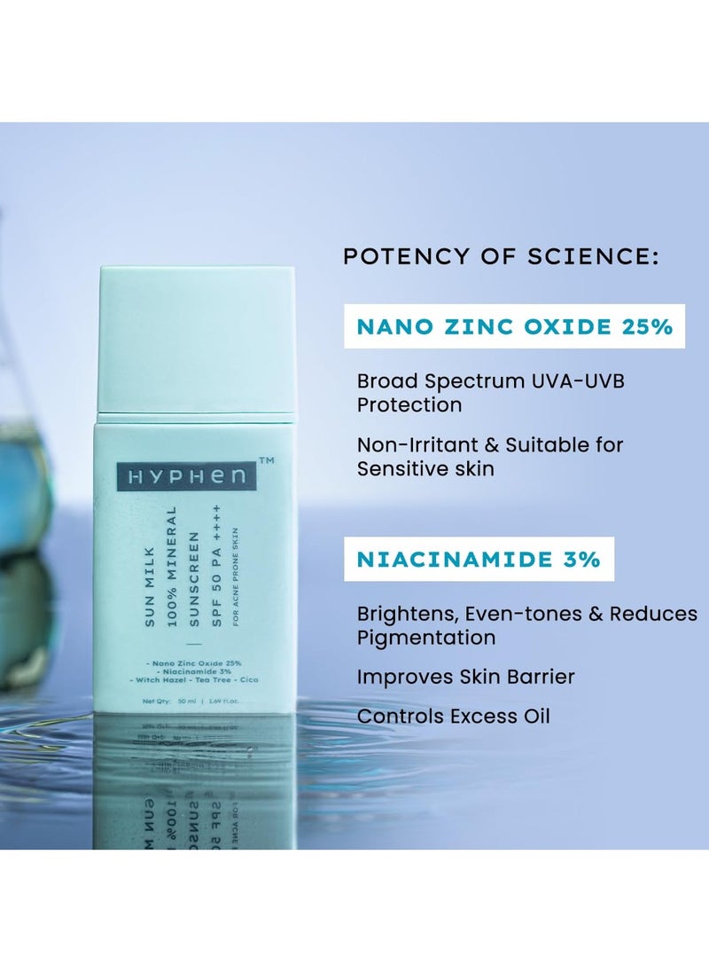 Sun Milk 100% Mineral Sunscreen Spf 50 Pa++++ Uv+ Bluelight Protection, 25% Nano Zinc Oxide | Sensitive, Acne Prone & Oily Skin, Water Resistant Sun Protect - 50 Ml