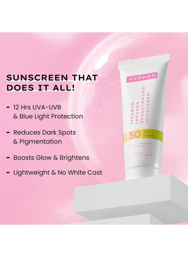 Vitamin Infused Brightening Sunscreen With SPF 50 PA++++ | 12hrs UVA-UVB & Blue Light Protection |Brightens Skin, Gives Matte Finish & No White Cast | Lightweight | For All Skin Types - 50ml