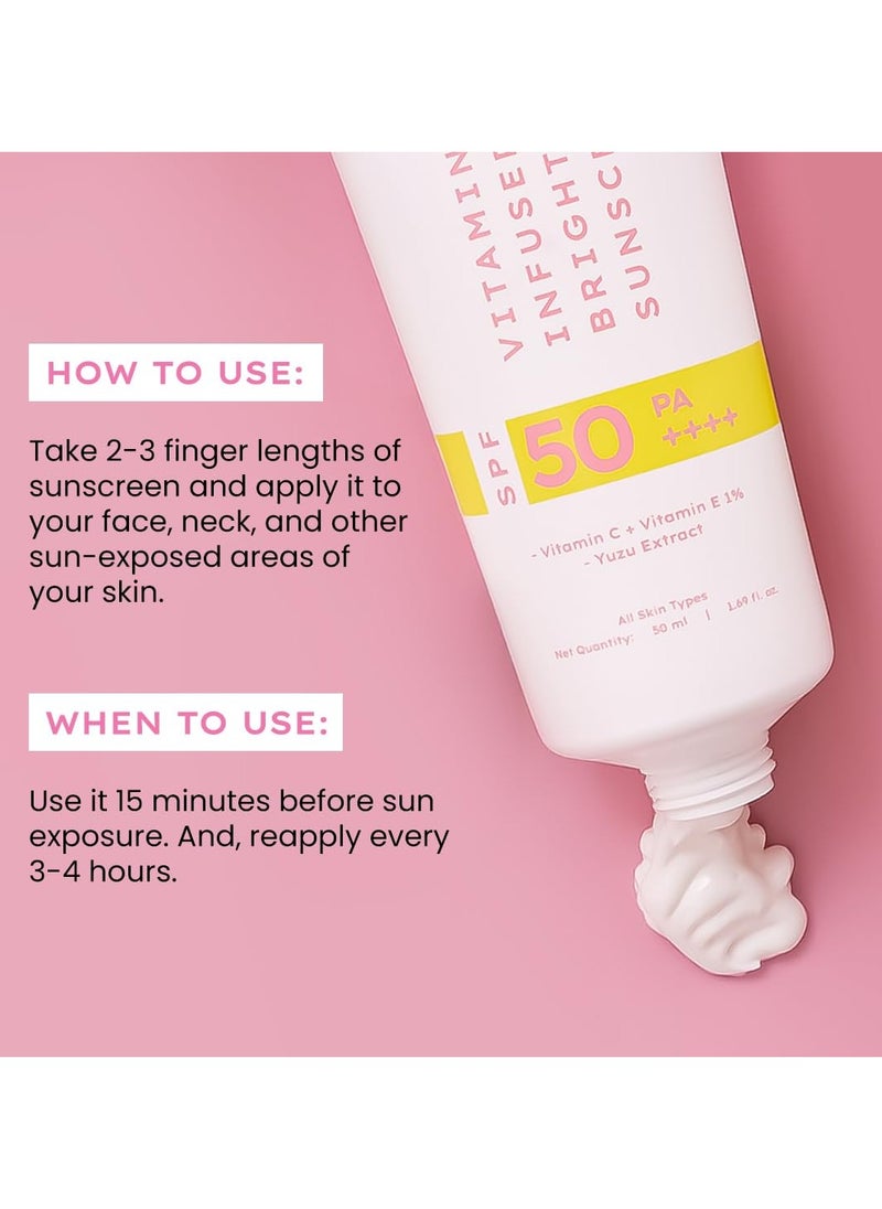 Vitamin Infused Brightening Sunscreen With SPF 50 PA++++ | 12hrs UVA-UVB & Blue Light Protection |Brightens Skin, Gives Matte Finish & No White Cast | Lightweight | For All Skin Types - 50ml