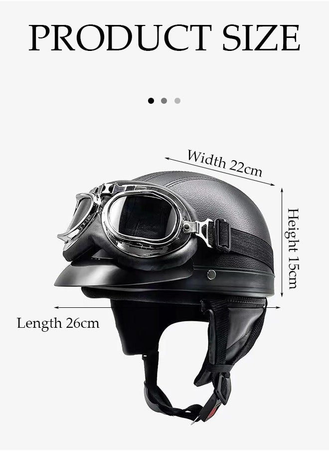 Motorcycle semi open leather helmet, PU leather all inclusive riding helmet with transparent leather goggles, detachable inner lining and sun protection brim, unisex, black