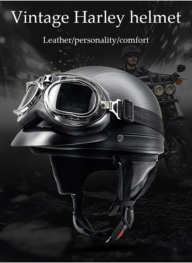 Motorcycle semi open leather helmet, PU leather all inclusive riding helmet with transparent leather goggles, detachable inner lining and sun protection brim, unisex, black