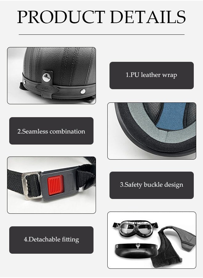 Motorcycle semi open leather helmet, PU leather all inclusive riding helmet with transparent leather goggles, detachable inner lining and sun protection brim, unisex, black