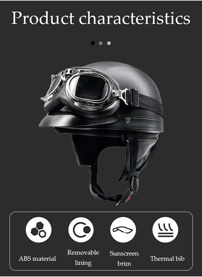Motorcycle semi open leather helmet, PU leather all inclusive riding helmet with transparent leather goggles, detachable inner lining and sun protection brim, unisex, black