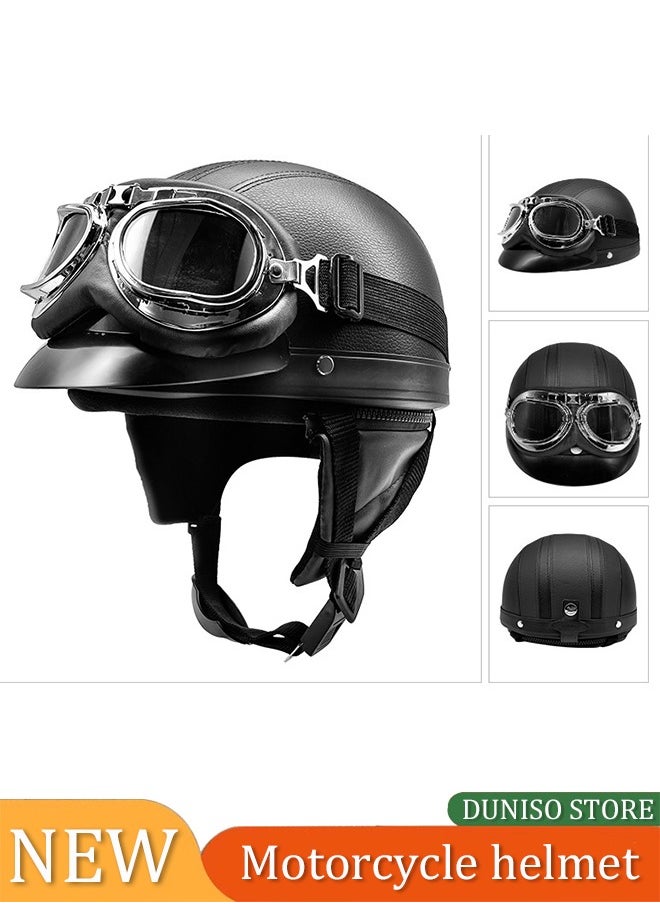 Motorcycle semi open leather helmet, PU leather all inclusive riding helmet with transparent leather goggles, detachable inner lining and sun protection brim, unisex, black
