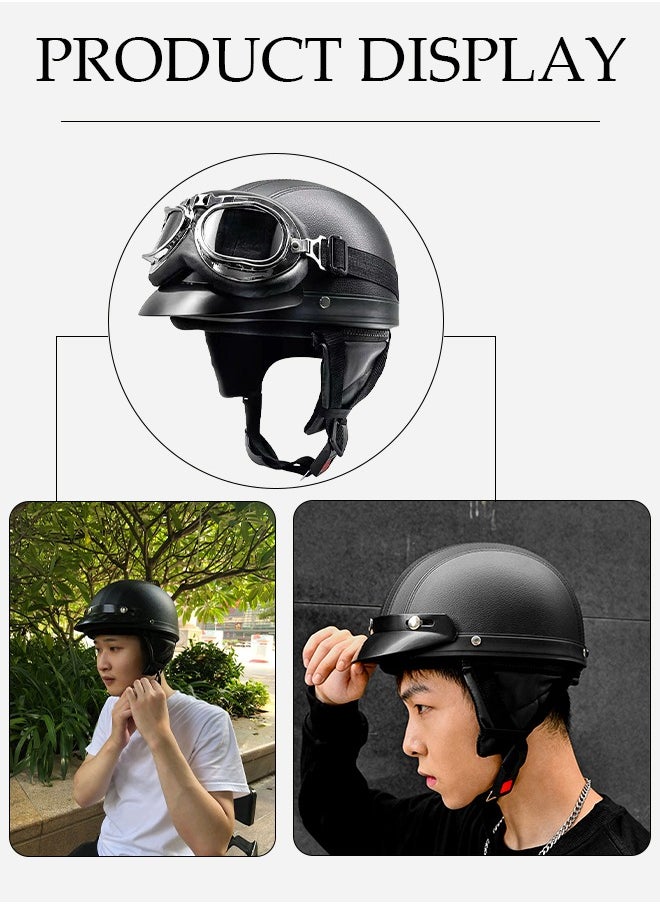 Motorcycle semi open leather helmet, PU leather all inclusive riding helmet with transparent leather goggles, detachable inner lining and sun protection brim, unisex, black