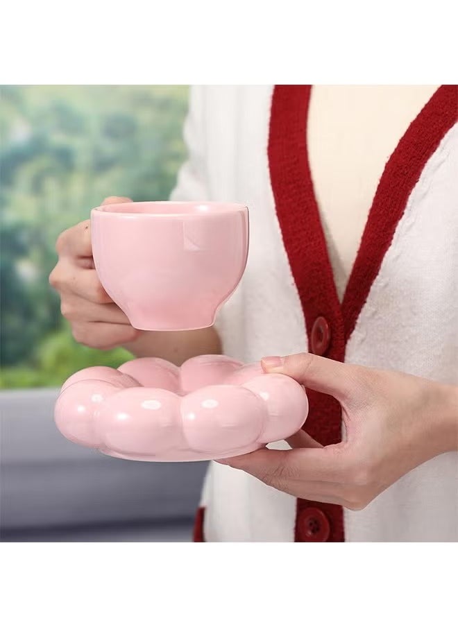 Ceramic Flower Coffee Mug with Saucer,Creative Cloud Coffee Cup,Ceramic Tea Cup Mug for Coffee Milk Tea Latte Yogurt,Pink