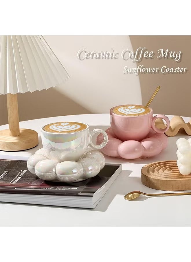 Ceramic Flower Coffee Mug with Saucer,Creative Cloud Coffee Cup,Ceramic Tea Cup Mug for Coffee Milk Tea Latte Yogurt,Pink