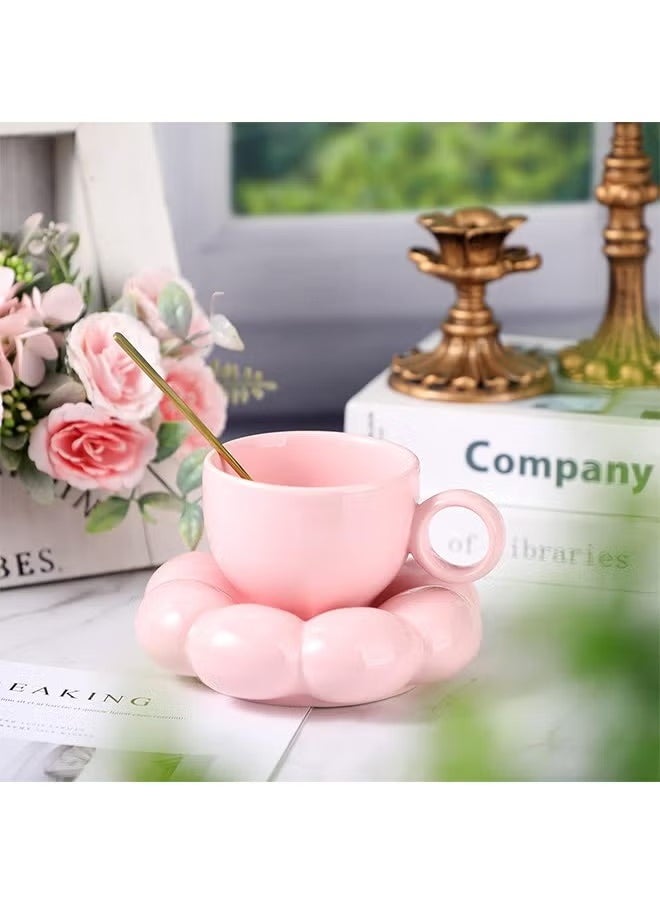 Ceramic Flower Coffee Mug with Saucer,Creative Cloud Coffee Cup,Ceramic Tea Cup Mug for Coffee Milk Tea Latte Yogurt,Pink