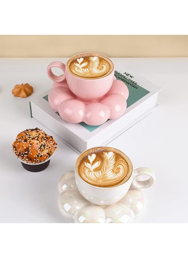 Ceramic Flower Coffee Mug with Saucer,Creative Cloud Coffee Cup,Ceramic Tea Cup Mug for Coffee Milk Tea Latte Yogurt,Pink
