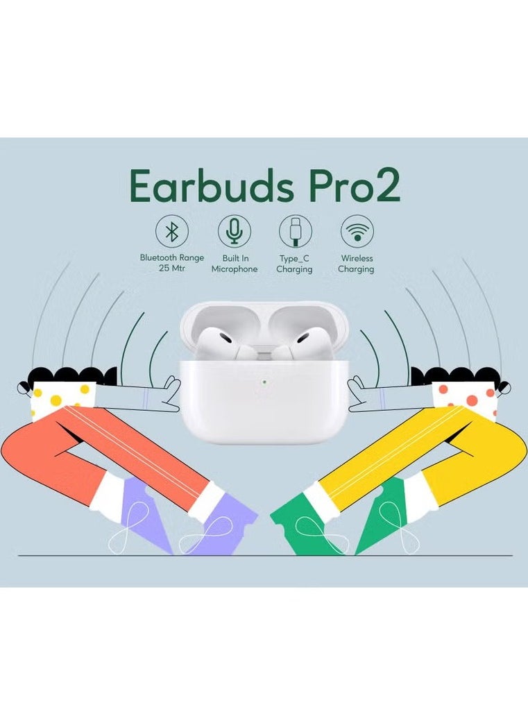 GREEN LION Earbuds Pro2 with Active Noise Cancellation / Wireless Charging / Built in Microphone / Noise Control / Touch Control / High Bluetooth Range / 5Hr Playing Time - White