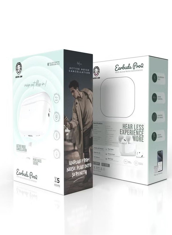 GREEN LION Earbuds Pro2 with Active Noise Cancellation / Wireless Charging / Built in Microphone / Noise Control / Touch Control / High Bluetooth Range / 5Hr Playing Time - White