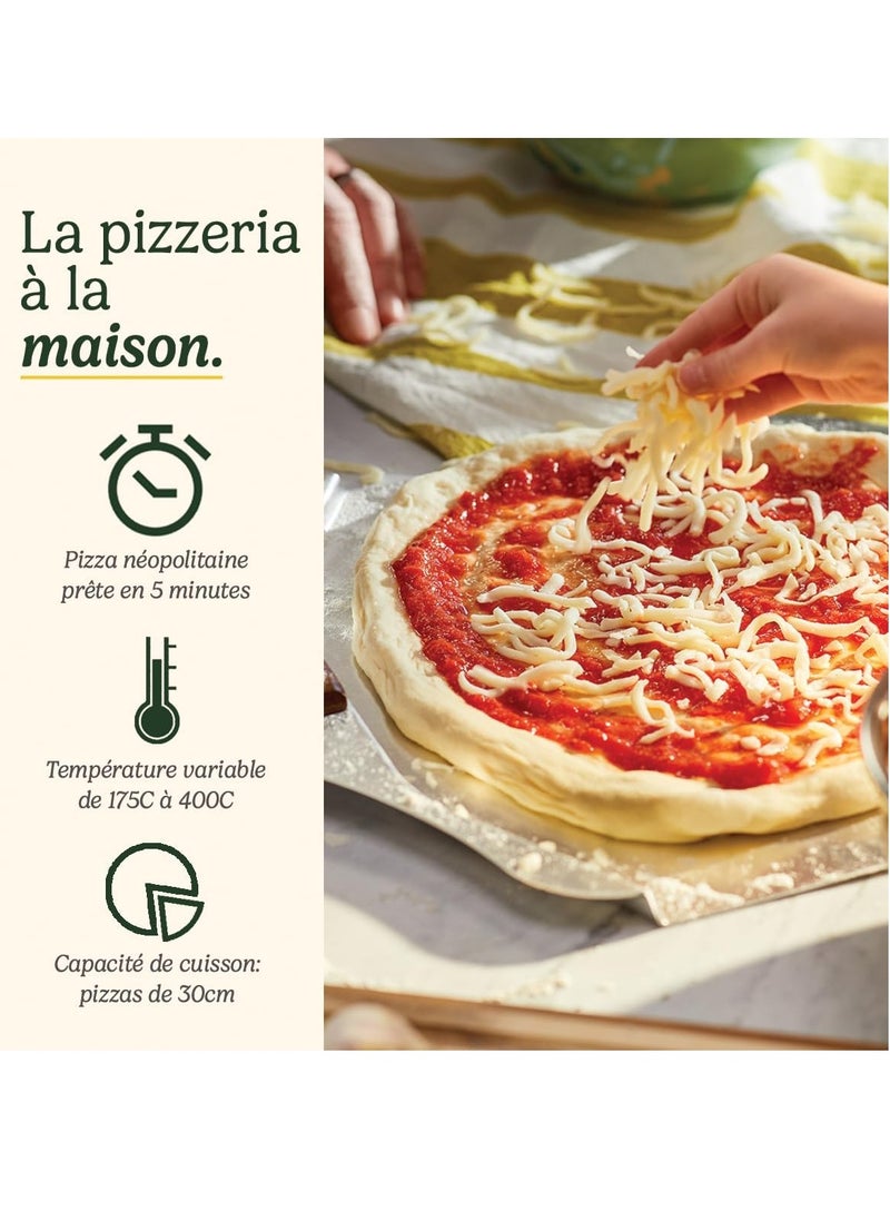 Pizza Oven | For Indoor Use | Wood Burning Flavour in 5 Minutes | Pizza Set Included: Pizza Peel, Cutter, Stone and Deep Shape | Adjustable Time and Temperature up to 400°C