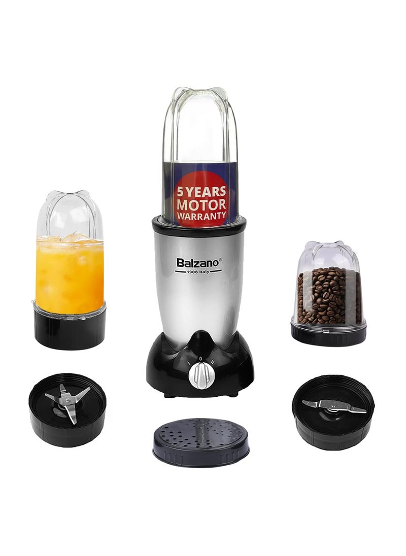 Balzano Bullet Mixer Grinder 500W, 3 Jars, 2 Blades, 2 Lids, Italian Premium Brand, Pulse Function, Blender for Smoothies and Juices/Smoothie Maker, Portable Blender, Blender for Kitchen, Silver