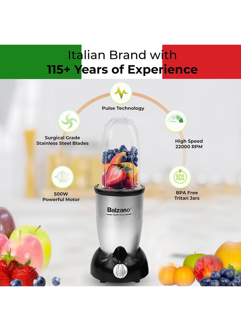 Balzano Bullet Mixer Grinder 500W, 3 Jars, 2 Blades, 2 Lids, Italian Premium Brand, Pulse Function, Blender for Smoothies and Juices/Smoothie Maker, Portable Blender, Blender for Kitchen, Silver