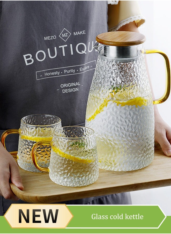 2L Glass Jug Set with Lid Teapot Pot Set Clear, Hot Cold Water Jug 3-Piece Vintage Carvings Glass Teapot,1 Teapot And 2 Cups For Iced Tea Lemonade Coffee Milk Juice