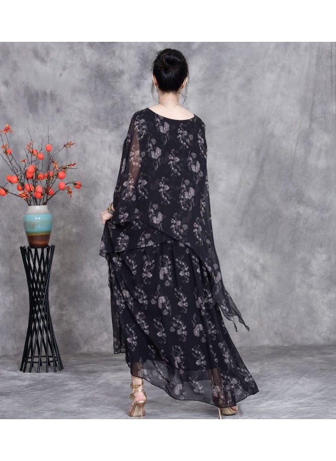 Fresh Short Sleeve Round Neck Slimming Elegant Silk Floral Dress