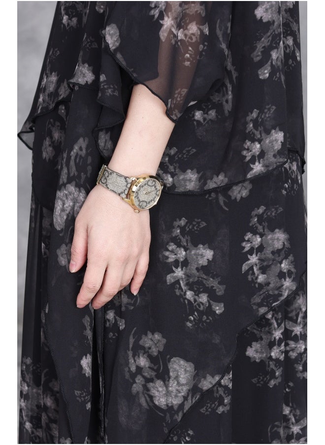 Fresh Short Sleeve Round Neck Slimming Elegant Silk Floral Dress