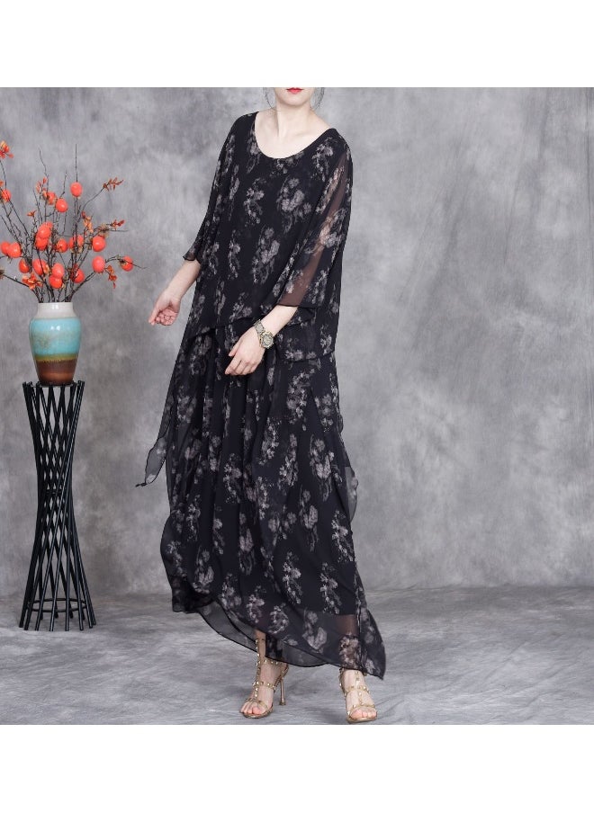 Fresh Short Sleeve Round Neck Slimming Elegant Silk Floral Dress