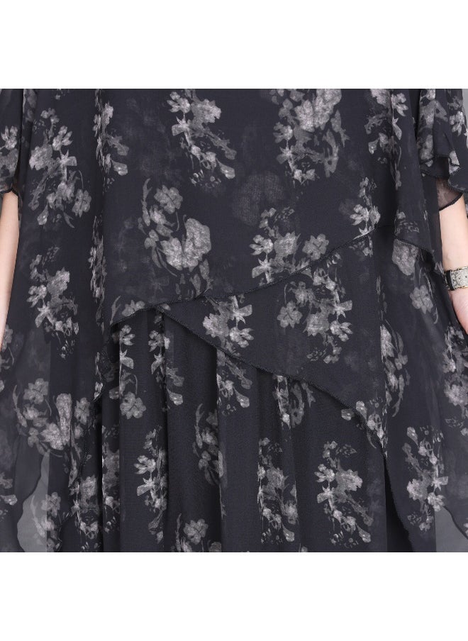 Fresh Short Sleeve Round Neck Slimming Elegant Silk Floral Dress