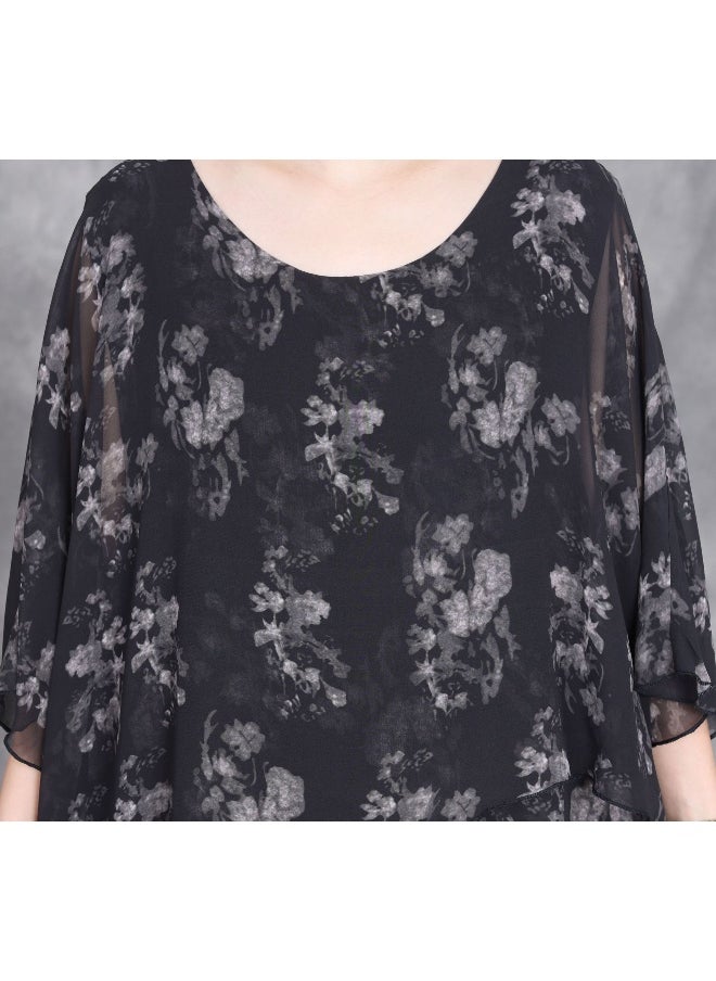 Fresh Short Sleeve Round Neck Slimming Elegant Silk Floral Dress