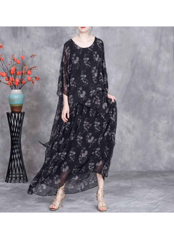 Fresh Short Sleeve Round Neck Slimming Elegant Silk Floral Dress