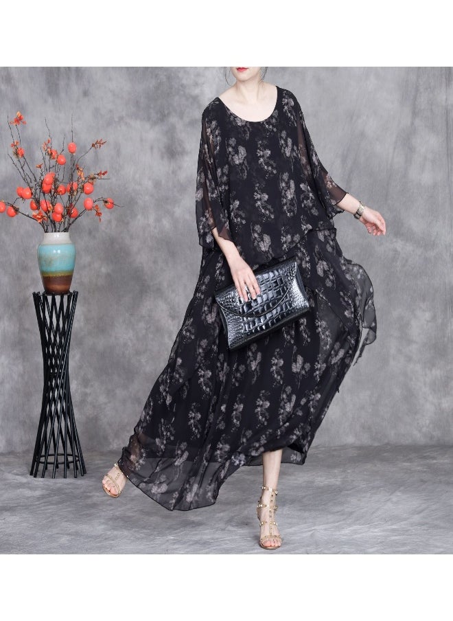Fresh Short Sleeve Round Neck Slimming Elegant Silk Floral Dress