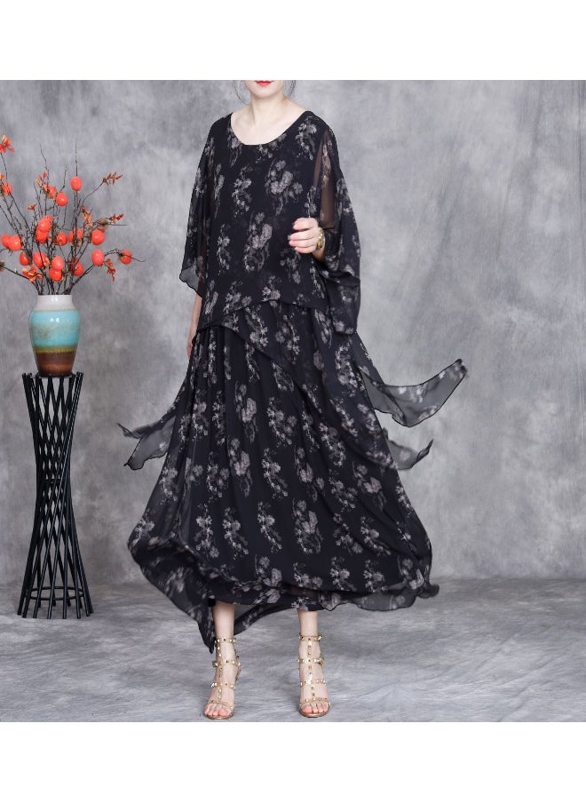 Fresh Short Sleeve Round Neck Slimming Elegant Silk Floral Dress