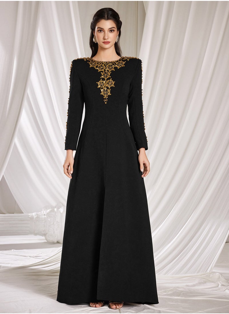 Black Heavy Beaded Front Slit Long Dress with Train