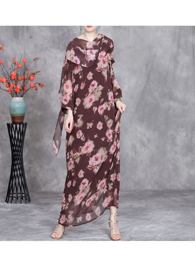 Printed Silk Elegant V-Neck Scarf-Style Dress for Women - Flowing Maxi Dress