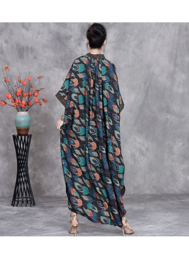 Silk Printed Loose Maxi Dress with Stand Collar in Plus Size - Elegant Style