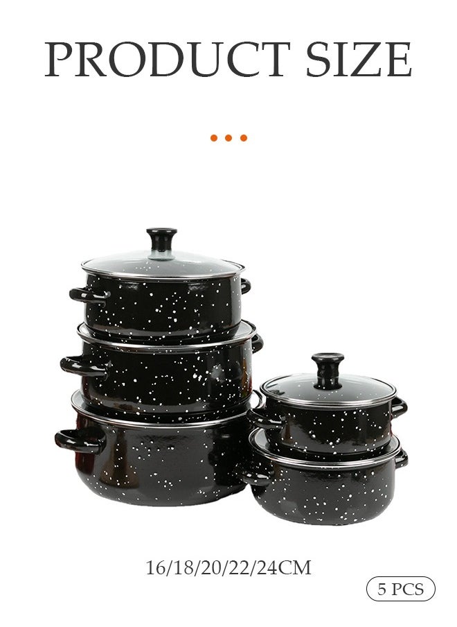 5 Pieces of Enamel pot set, enamel household soup pot, cooking pot set, with handle and lid, high temperature resistance, suitable for induction cookers, gas stoves, electric stoves, and ceramic stoves