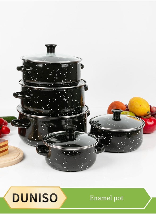5 Pieces of Enamel pot set, enamel household soup pot, cooking pot set, with handle and lid, high temperature resistance, suitable for induction cookers, gas stoves, electric stoves, and ceramic stoves