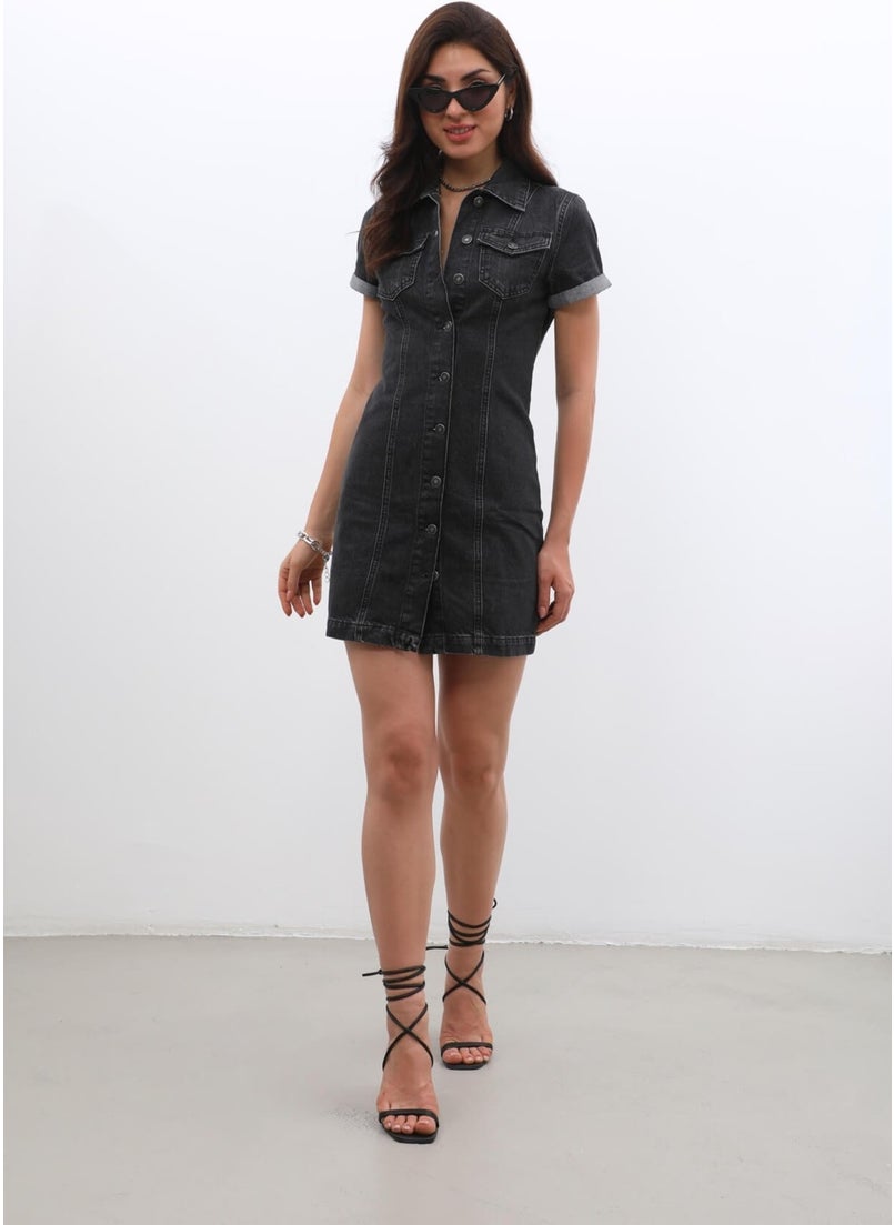 Short Sleeve Front Buttoned Jean Dress Black