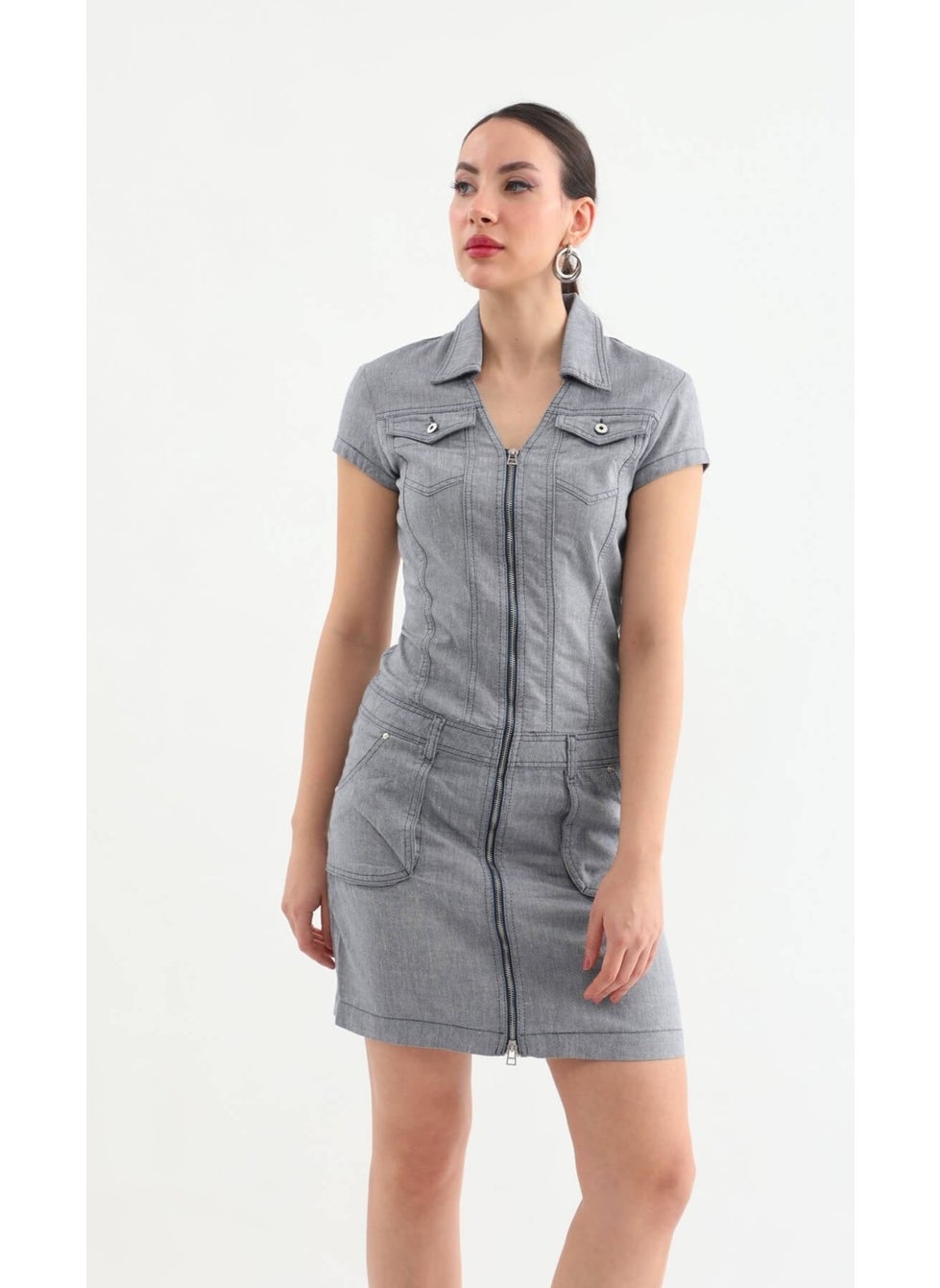 Collared Zipper Gray Jean Dress