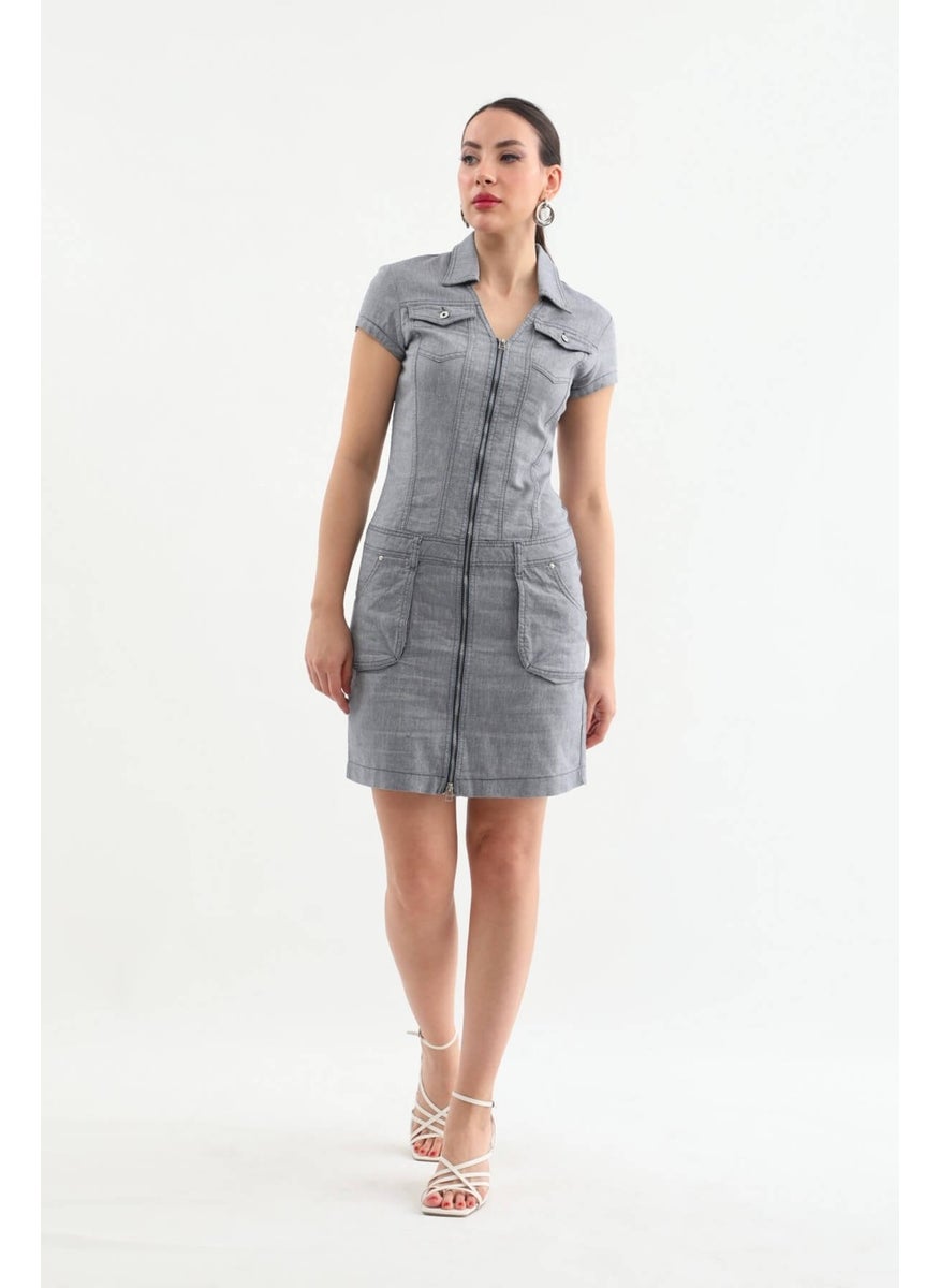 Collared Zipper Gray Jean Dress