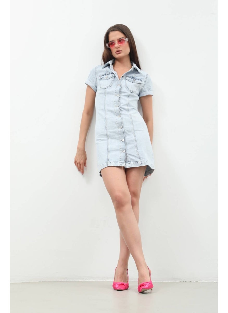 Short Sleeve Buttoned Front Jean Dress Light Blue