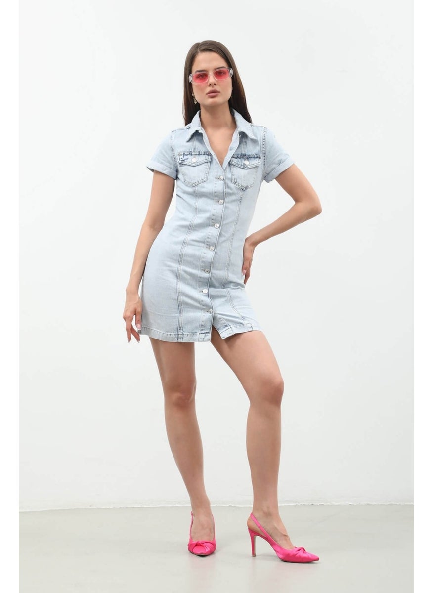Short Sleeve Buttoned Front Jean Dress Light Blue