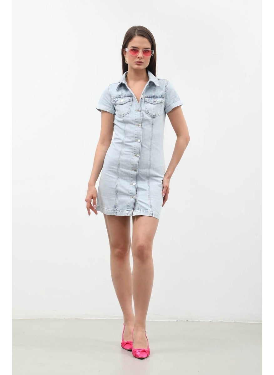 Short Sleeve Buttoned Front Jean Dress Light Blue