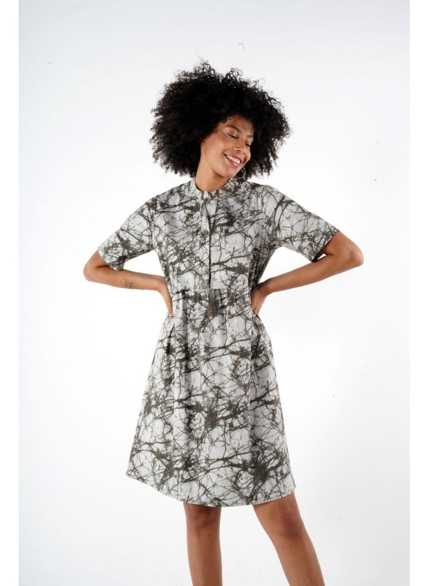 Patterned Buttoned Mandarin Collar Comfort Dress (B24-384 00)