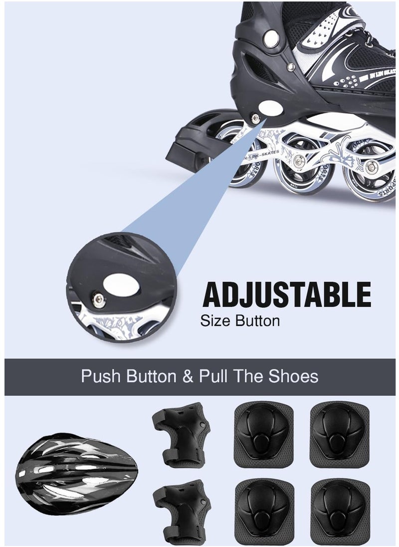 Adjustable Size Breathable Kids Inline Roller Skates with Safety Gear Set Helmet Knee Elbow Wrist Pads Carry Bag Fun Outdoor Sports Activity for Children Boys and Girls Blade Wheel Skating Shoes