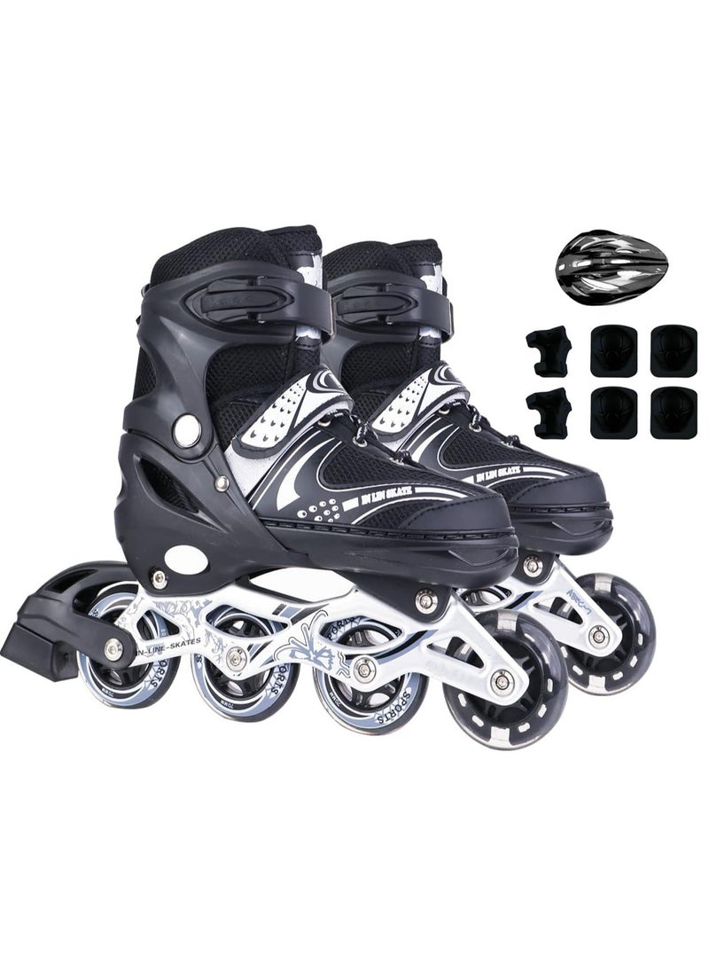 Adjustable Size Breathable Kids Inline Roller Skates with Safety Gear Set Helmet Knee Elbow Wrist Pads Carry Bag Fun Outdoor Sports Activity for Children Boys and Girls Blade Wheel Skating Shoes